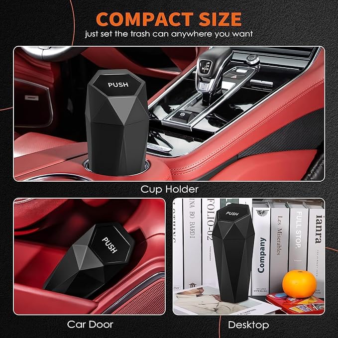 HOTOR Car Trash Can with Lid - 1 Pack, Mini Essential Car Accessories for Interior, Leakproof Car Garbage Can with 15 Attached Trash Bags, Multipurpose Car Organizers and Storage,Black