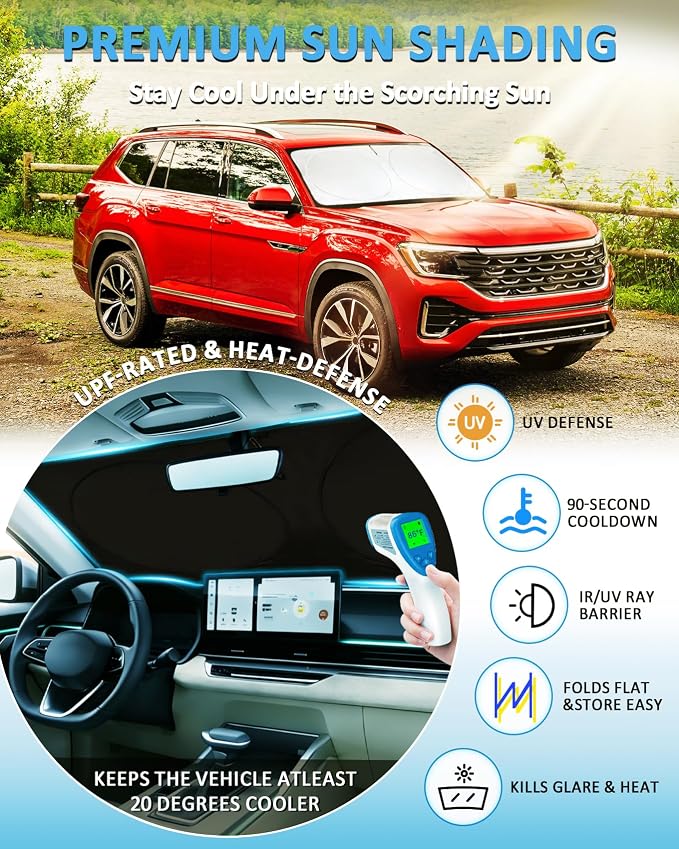 Sun Shade for Volkswagen Atlas 2018-2024 2025 2026 Windshield Sunshade for VW Atlas Cross Sport Accessories Front Window Shield Windshield Cover Sun Visor Protector