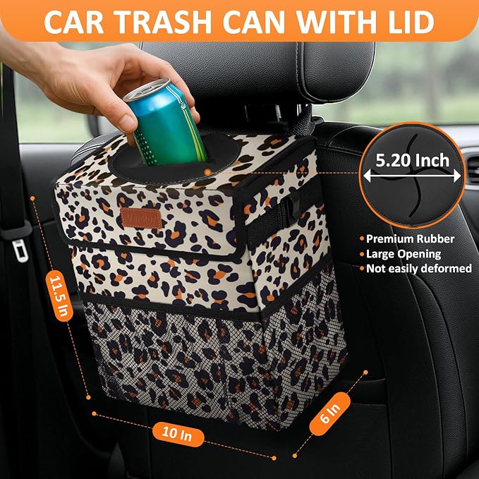 Vankor 3 Gallons Cute Car Trash Can, Car Accessories for Interior Leak Proof Can Trash Bag Hanging Waterproof Automotive Vehicle Garbage Cans Leopard Print Pattern