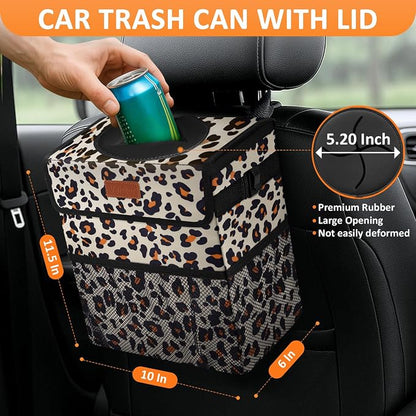 Vankor 3 Gallons Cute Car Trash Can, Car Accessories for Interior Leak Proof Can Trash Bag Hanging Waterproof Automotive Vehicle Garbage Cans Leopard Print Pattern