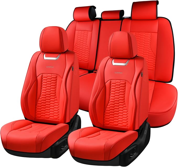 Coverado Car Seat Covers Full Set, Nappa Leather Red Car Seat Covers, Waterproof Automotive Seat Covers for Cars Interior Accessories Universal Fit Most Sedans, SUVs, Pick-up Trucks
