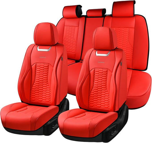 Coverado Car Seat Covers Full Set, Nappa Leather Red Car Seat Covers, Waterproof Automotive Seat Covers for Cars Interior Accessories Universal Fit Most Sedans, SUVs, Pick-up Trucks