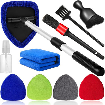 Qydipclin 10pcs Windshield Cleaning Tool Inside Car Window Cleaner Wash Kit with 4 Reusable Microfiber Pads 1 Spray Bottle and Extendable Handle Interior Auto Glass Wiper Kit, Multicolor