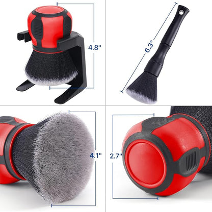 Car Ultra Soft Bristles Detailing Brushes, Curveball XL Synthetic Brushes, Interior Dusting Brush with Storage Rack, Automotive Detail Brush for Truck, SUV, RV, Cleaner for Door Panels- Red