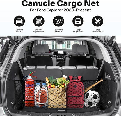 Canvcle Trunk Cargo Net for 2020-2026 Ford Explorer Accessories Envelope Style Mesh Trunk Net Organizer and Storage Stretchable Adjustable Elastic Nylon Rear Cargo Netting with Hooks