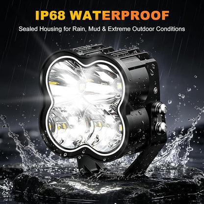3.7 Inch LED Driving Pod Light with Remote, 200W Spot Beam Offroad Pod with DRL, Spotlights Cube Ditch Lights with 2 Amber Covers & DT Plug, White & RGB Mode, for Jeep Offroad ATV UTV, 1 Pair
