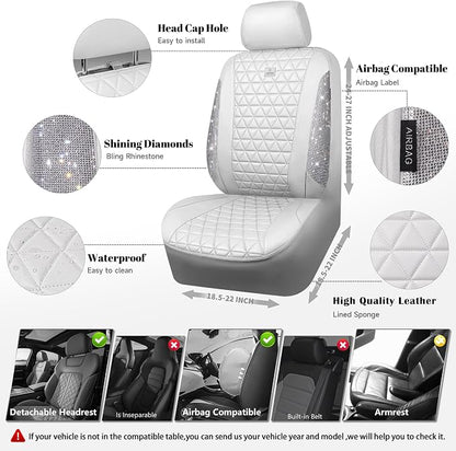 CAR PASS All White Bling Diamond Leather Car Seat Covers Full Sets,Waterproof Shining Glitter Sparkly Crystal Universal Fit for Automotive Truck SUV Cute Women Girl Airbag Compatable,Sliver Rhinestone