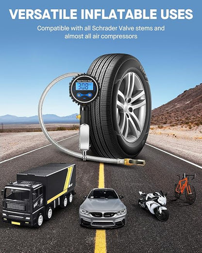 Vondior Digital Tire Inflator with Pressure Gauge 200 PSI - Large 2" Digital Dial, Heavy Duty Air Chuck and Compressor Accessories with Tire Tread Depth Gauge and Quick Connect Coupler Car Accessories