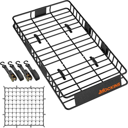 Mockins 64"x39"x6" Extendable Cargo Roof Rack Basket with 250 Lbs Capacity | Heavy-Duty Car Roof Cargo Carrier Rack Bundle with Straps & Net | All-Weather Steel Luggage Carrier for Car Rooftop Storage