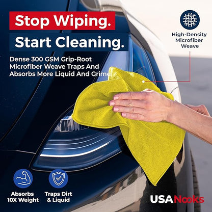 USANOOKS Microfiber Cleaning Cloth Yellow - 12 Pcs 12.5"x12.5" - High Performance - 1200 Washes, Ultra Absorbent Towels Weave Grime & Liquid for Streak-Free Mirror Shine - Car Washing Cloth