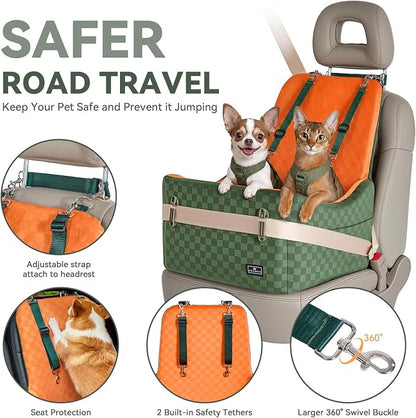 PETSFIT Dog Car Seat for Small/Medium Dogs Up to 35 lbs – Patented Safety System, 5" Memory Foam Pet Car Seat, Fully Detachable and Washable Cover, Front/Back Seat Travel Booster (Green & Orange)