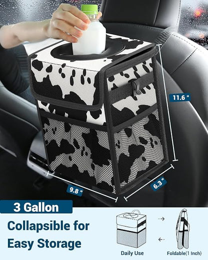 Capolo Car Trash Can with Lid, Leakproof Car Trash Bag Hanging Waterproof Automotive Garbage Can with Storage Pockets Mini Vehicle Trash Bin for Back/Front Seat(Cow Print,3 Gallon)