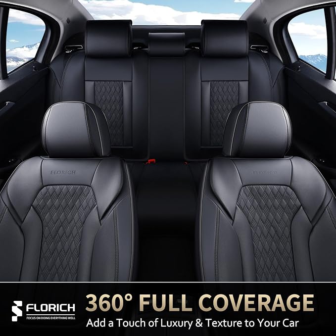 FLORICH Seat Covers, Car Seat Covers Full Set, Luxury Nappa Leather Seat Covers, Breathable and Waterproof Car Seat Protector 5 Seat, Automotive Seat Covers Universal Fit for Most Cars-Black
