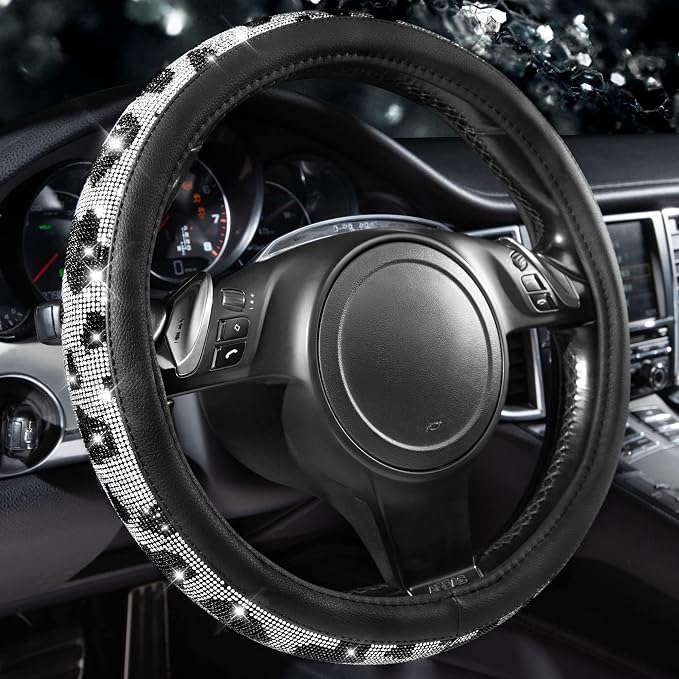 CAR PASS Bling Cow Print Diamond Steering Wheel Cover, with Sparkly Crystal Glitter Rhinestones Black Leather Car Wheel Protect for Women Girl Fit Suvs,Vans,Sedans,Cars,Trucks, 14" 1/2-15" Cow Design