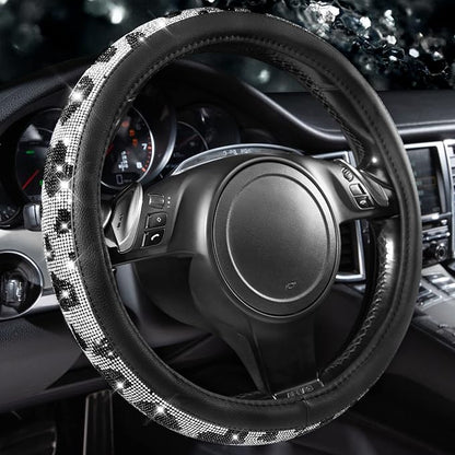 CAR PASS Bling Cow Print Diamond Steering Wheel Cover, with Sparkly Crystal Glitter Rhinestones Black Leather Car Wheel Protect for Women Girl Fit Suvs,Vans,Sedans,Cars,Trucks, 14" 1/2-15" Cow Design