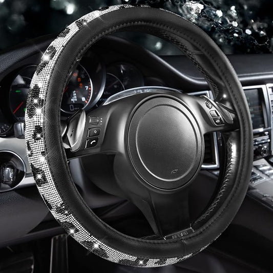 CAR PASS Bling Cow Print Diamond Steering Wheel Cover, with Sparkly Crystal Glitter Rhinestones Black Leather Car Wheel Protect for Women Girl Fit Suvs,Vans,Sedans,Cars,Trucks, 14" 1/2-15" Cow Design