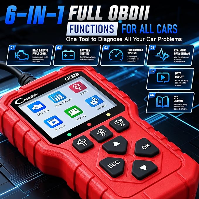 LAUNCH Creader 329 OBD2 Scanner, Full OBDII Functions Car Diagnostic Tool, Engine Code Reader with Battery Test, I/M Readiness, Mode 6&8 Test, Data Stream Car Fault Scanner