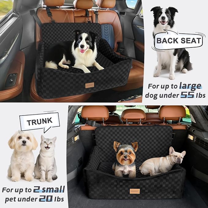 JOEJOY Dog Car Seat for Medium/Large Dogs - Reversible Dual-Sided Travel Dog Car Bed with Memory Foam, Washable Pet Booster Seat for Do gs up to 55 lbs or 2 Small Dogs, 2 Safety Leashes, Black