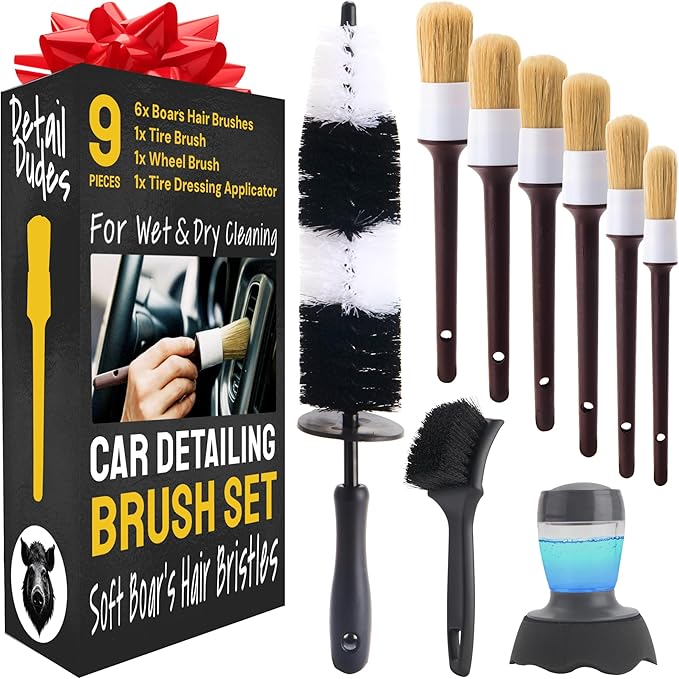Car Detailing Brush Set 9-Pack - Boars Hair Brushes with Tire and Wheel Brush Plus Tire Dressing Applicator - Soft Bristle Car Detailing Kit for Interior, Exterior and Wheels - Detail Dudes