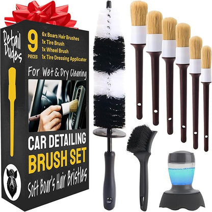 Car Detailing Brush Set 9-Pack - Boars Hair Brushes with Tire and Wheel Brush Plus Tire Dressing Applicator - Soft Bristle Car Detailing Kit for Interior, Exterior and Wheels - Detail Dudes