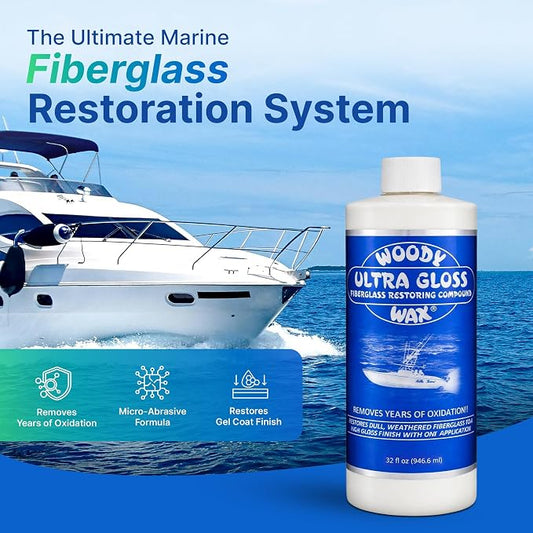 Woody Wax Ultra Gloss Restoring Compound, Professional-Grade Fiberglass Restoration & Oxidation Remover for Boats & Yachts, Diminishing Micro-Abrasive Formula for High Gloss Gel Coat Finish, 32 oz