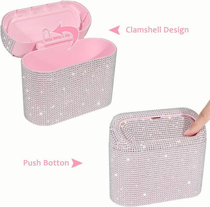 Accmor Bling Car Trash Can with Lid, Leakproof Mini Vehicle Trash Bin Automotive Dustbin Organizer Storage, Sparkling Crystal Rhinestone Trash Bag Container with 30pcs Garbage Bags Car Accessories