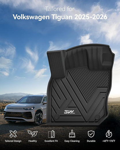 3W Floor Mats for Volkswagen Tiguan 2025 2026, All-Weather Protection TPE Car Mats 2 Rows VW Tiguan Accessories, Black