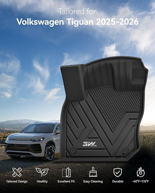 3W Floor Mats for Volkswagen Tiguan 2025 2026, All-Weather Protection TPE Car Mats 2 Rows VW Tiguan Accessories, Black