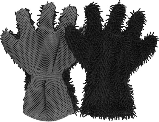 2PCS Car Wash Mitt, 5 Finger Chenille Microfiber Cleaning Mitt for Cars, Scratch-Free Auto Washing Gloves, Car Interior Exterior Cleaning Gloves, Great for Hard-to-Reach Areas (Black+Gray)