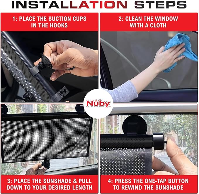 Nuby 14" Roller Vehicle Side Window Sun Protection Shade for Baby | 2 Pack | Pull Down with Suction Cups and Press Button Roll Up | Black