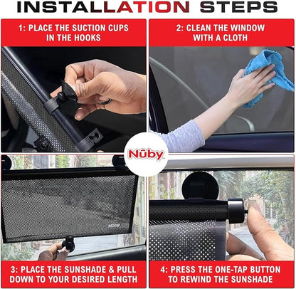 Nuby 14" Roller Vehicle Side Window Sun Protection Shade for Baby | 2 Pack | Pull Down with Suction Cups and Press Button Roll Up | Black