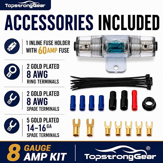 TOPSTRONGGEAR 8 Gauge Amp Kit CCA Car Audio Amplifier Wiring Kit with RCA Cables, 60A Fuse, 20ft Power Cable – 8 AWG Complete Amplifier Subwoofer Installation Kit for Car, Truck, Marine Stereo Systems
