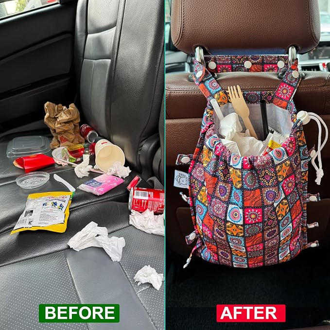 Leak-Proof Waterproof Car Trash Bag Foldable Multipurpose Trash bin Container Storage Cute Grocery Organizer Bag for Automotive Front or Back Seat in Cars SUVs and Trucks (Batik)