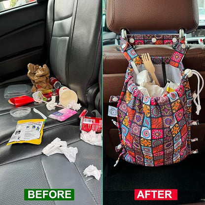 Leak-Proof Waterproof Car Trash Bag Foldable Multipurpose Trash bin Container Storage Cute Grocery Organizer Bag for Automotive Front or Back Seat in Cars SUVs and Trucks (Batik)