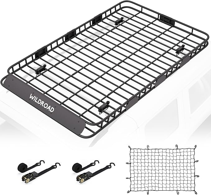 Wildroad Roof Rack Cargo Basket, Upgraded 4” Fence Wide Car Roof Basket, 84"x 50"x 4" Universal Car Top Carrier Basket with Super Duty Bungee Cargo Net and Ratchet Straps Fits for SUV Truck Cars