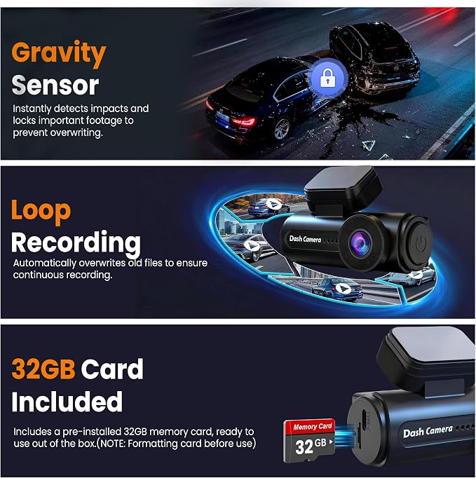 4K Dash Cam Front with Built-in WiFi, Dash Camera for Cars, 32GB Card Included, Super Night Vision Dash Camera, Loop Recording Car Camera, G-Sensor, 24H Parking Monitor, Supports Up to 256GB