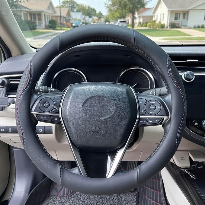 Steering Wheel Cover Universal Standard Size 14.5-15 inch, Breathable Microfiber Leather, Anti-Slip, Soft Grip, Sporty Design, Fits for Cars SUVs Trucks, Black with Red Blue Line