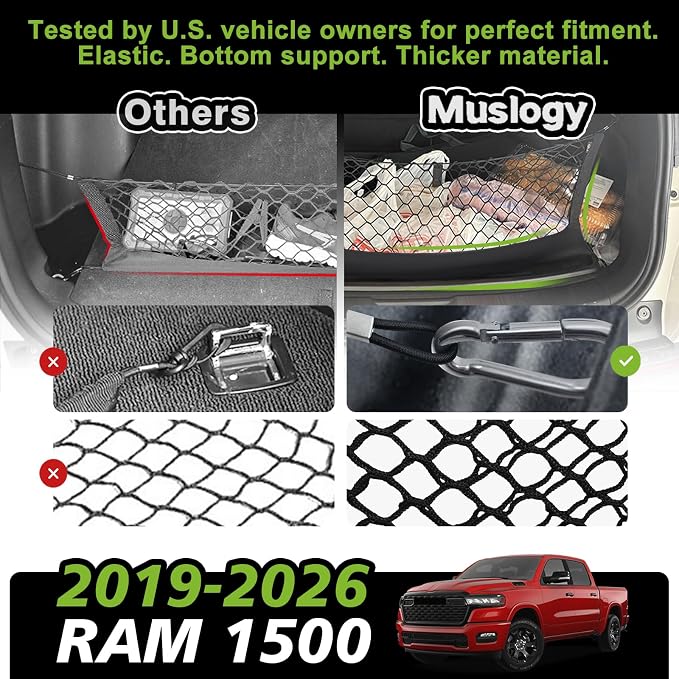 Muslogy Truck Bed Cargo Net Trunk Netting Compatible with Dodge Ram 1500 2019-2025 2026 Accessories, Pickup Cargo Organizer SUV Sedan Storage Net w/Heavy Duty Carabiners