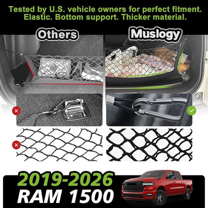Muslogy Truck Bed Cargo Net Trunk Netting Compatible with Dodge Ram 1500 2019-2025 2026 Accessories, Pickup Cargo Organizer SUV Sedan Storage Net w/Heavy Duty Carabiners