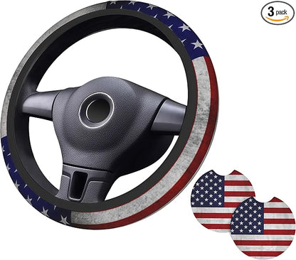 American Flag Steering Wheel Cover + 2 Pieces USA Car Coasters | Anti-Slip Breathable Universal for 14.5-15.5 Inch Car Suitable for Men Women