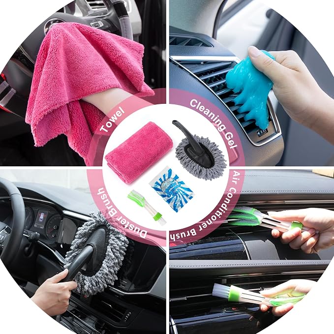20Pcs Car Cleaning Wash Kit Interior Detailing Cleaner Kit with High Power Handheld Vacuum, Brush Set, Windshield Tool, Duster, Towels, Complete Car Care Tools, Pink