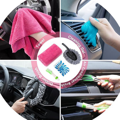 20Pcs Car Cleaning Wash Kit Interior Detailing Cleaner Kit with High Power Handheld Vacuum, Brush Set, Windshield Tool, Duster, Towels, Complete Car Care Tools, Pink