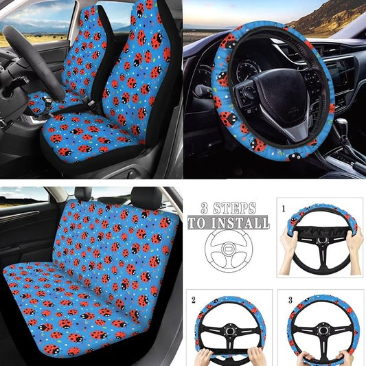 Ladybug Auto Interior Seat Cover 10 Pack, Blue Lady Bug Universal Fit for Most Vehicles, Cartoon Ladybug Dots Split Back Bench Seat Cover Seatbelt Pads Keychain