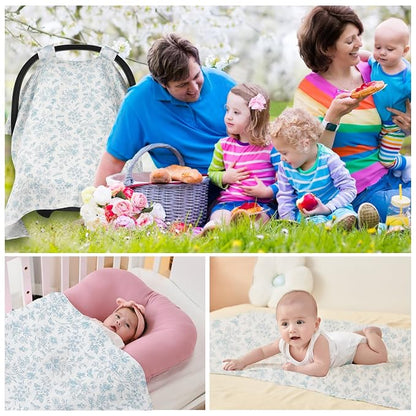 SERAPHY 100% Muslin Cotton Car Seat Covers for Babies - Universal, Breathable Canopies for Boys and Girls - Soft Summer Car Seat Cover - Blue Flowers