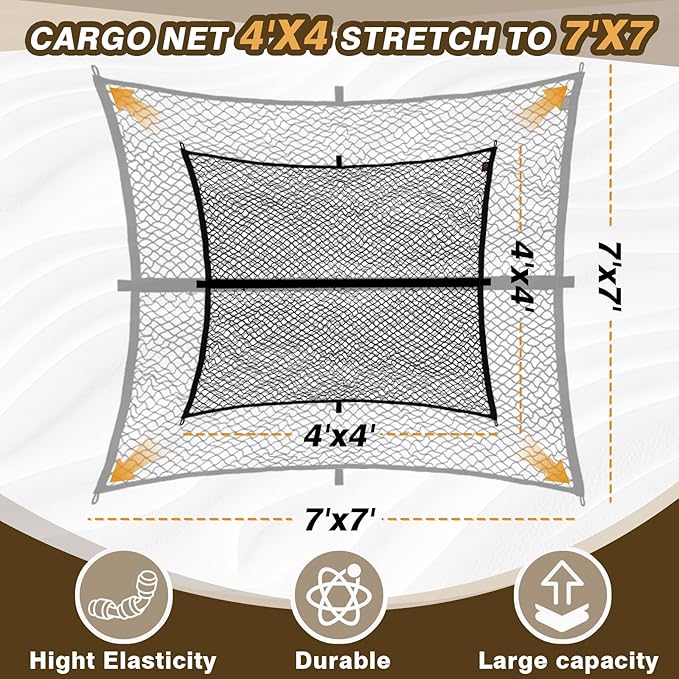 Muslogy Truck Bed Cargo Net Trunk Netting Compatible with Pickup Bed Stretchable 4'x4' to 7'x7' Accessories, Pickup Cargo Organizer ATV SUV UTV Truck&Boat Sedan Storage Net w/Heavy Duty Carabiners