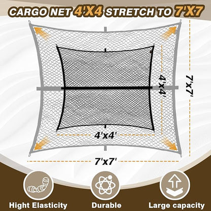 Muslogy Truck Bed Cargo Net Trunk Netting Compatible with Pickup Bed Stretchable 4'x4' to 7'x7' Accessories, Pickup Cargo Organizer ATV SUV UTV Truck&Boat Sedan Storage Net w/Heavy Duty Carabiners