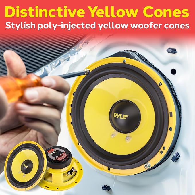 Pyle 2 Way Custom Component Speaker System-6.5” 400 Watt,with Electroplated Plastic Basket,Butyl Rubber Surround&40 Oz Magnet Structure-Wire Installation Hardware Set Included-PLG6C,Yellow (Pack of 4)