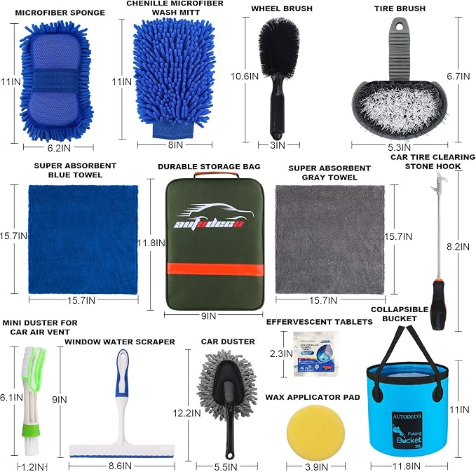 22Pcs Car Wash Cleaning Tools Kit Car Detailing Set with Olive Green Canvas Bag Collapsible Bucket Wash Mitt Sponge Towels Tire Brush Window Scraper Duster Complete Interior Car Care Kit