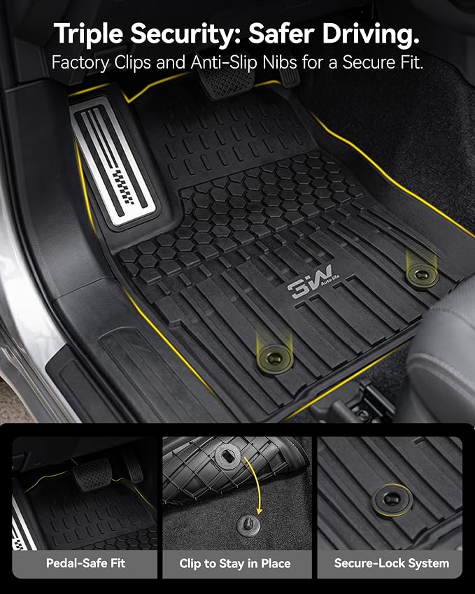 3W Floor Mats Fit for Toyota Tacoma Hybrid 2024 2025 2026 with Metal Pedals, TPE All Weather Custom Fit Floor Liner for Tacoma Accessories 1st and 2nd Row Full Set Car Mats Easy Clean, Black