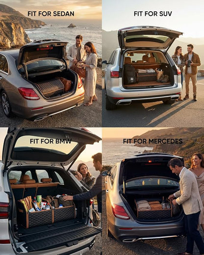 Owleys Sedan Trunk Organizer 17.7" Storage Tote For Groceries, Tools & Travel Gear - Foldable Eco-Leather Car Crate With Magnetic Lid | Stylish Presents For Drivers | Black-Brown (Hexy 17)
